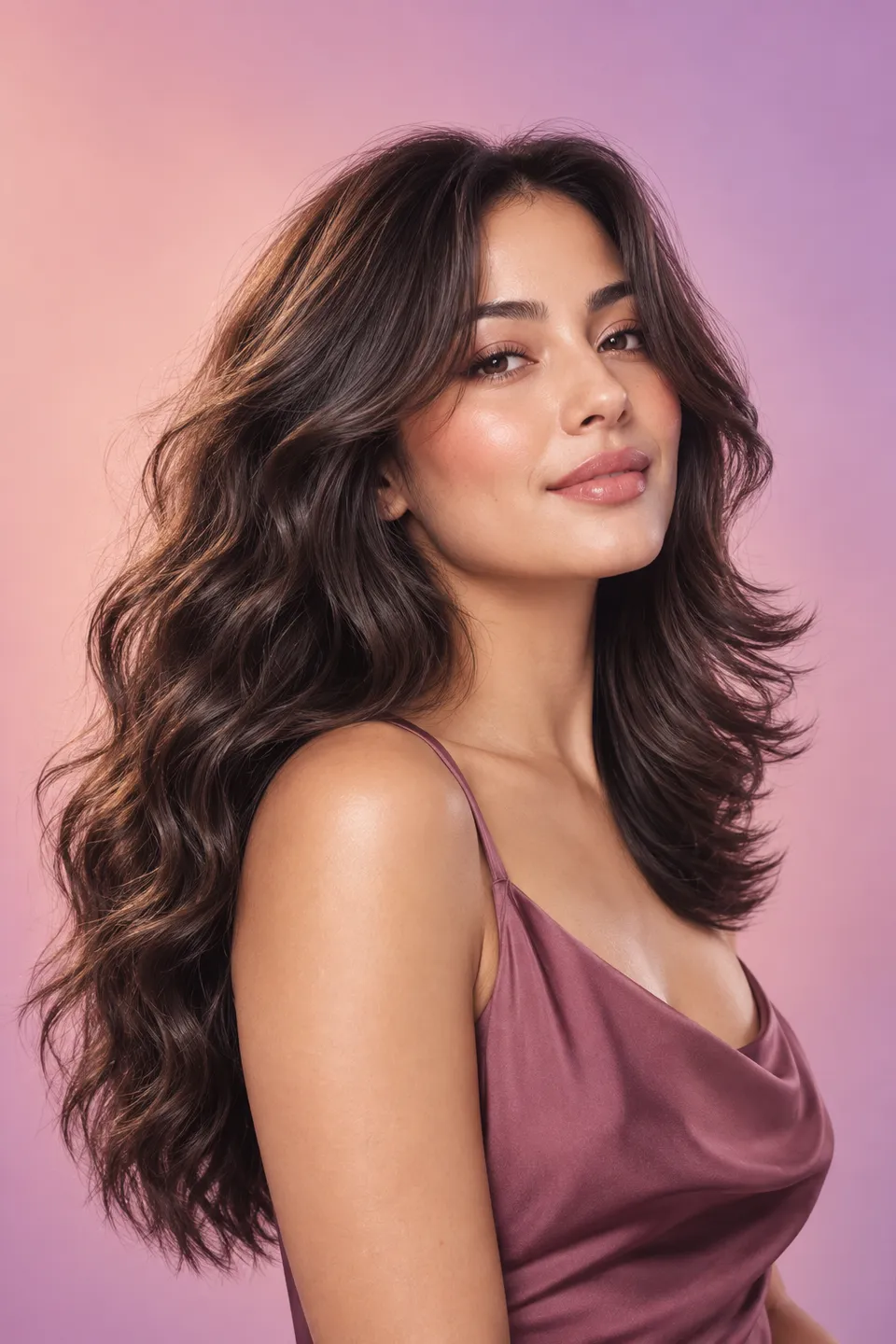 Woman with a glossy layered hairstyle